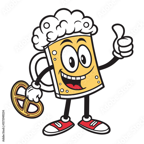 Cartoon Beer Mug Character with Arms, Legs, Smile, and Foam Splash