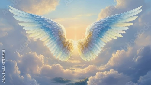 Blue and white angel wings over clouds with sun rays