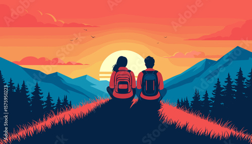 Couple with backpacks watching sunset from hilltop, flat vector style