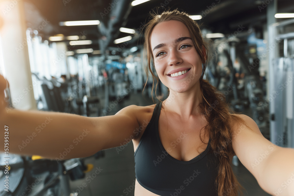 Obraz premium A woman is smiling and taking a selfie in a gym