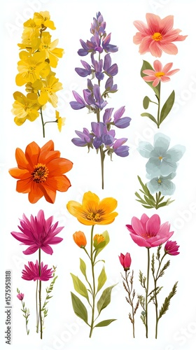 Collection of spring colorful flower elements vector. Set floral of wildflower Vibrant collection of various blooming flowers.