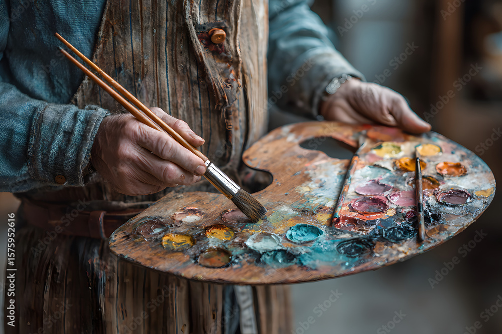 Obraz premium A close-up of a person holding a paintbrush and palette