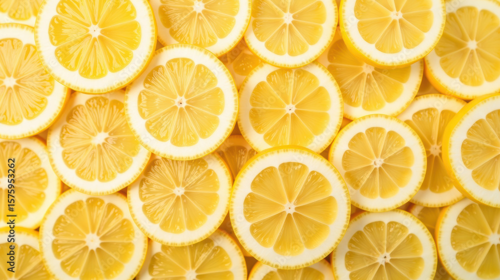 Fresh lemon slices arranged in vibrant display, showcasing their bright yellow color and juicy texture, perfect for culinary use Fresh lemon slices arranged in vibrant display, showcasing their bright yellow color and juicy texture, perfect for culinary use