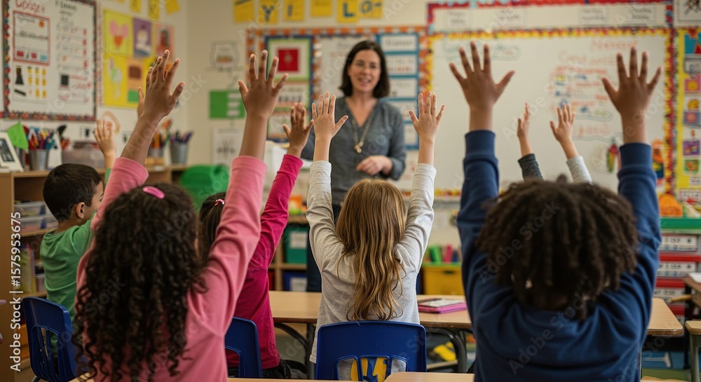 Obraz premium Children enthusiastically raising their hands in a classroom during a lesson, with their teacher.