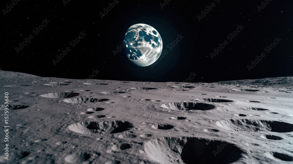Fototapeta premium Stunning view of lunar surface featuring numerous craters, with Earth visible in background, showcasing vastness of space and celestial beauty