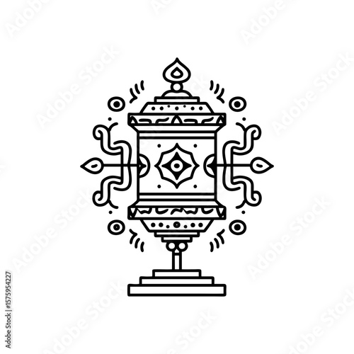 Tibetan Prayer Wheel with Sacred Symbols and Ornamental Design in Hand-Drawn Black Doodle Style on Transparent Background for Spiritual, Meditation, or Cultural Themes
