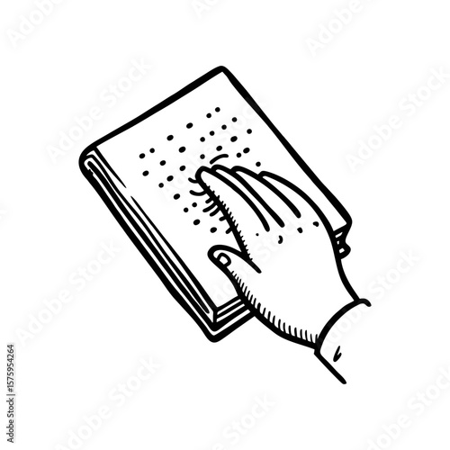 Inclusive doodle of a person reading a braille book with hand touching raised dots in educational accessibility concept for blind literacy support on transparent background