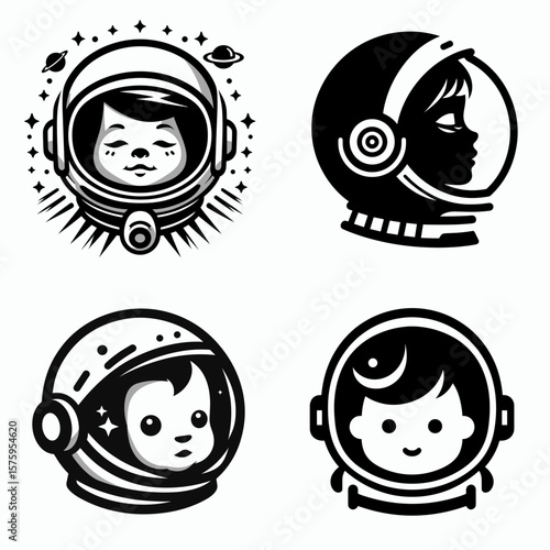 baby head with astronaut helmet. Galaxy Cosmos Universe Nebula Cosmic Clipart Line Art Vector Illustration. Infant cranium inside spaceman dome celestial exploration tiny explorer.