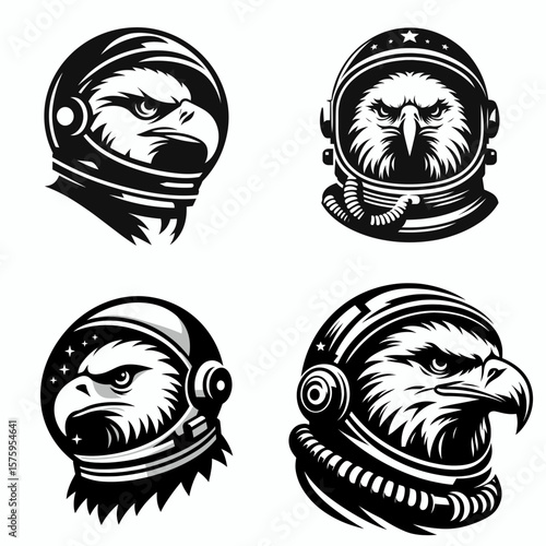 Bald Eagle head with astronaut helmet. Galaxy Cosmos Universe Nebula Cosmic Clipart Line Art Vector Illustration. Patriotic bird cranium in spacesuit dome usa idea flight concept.
