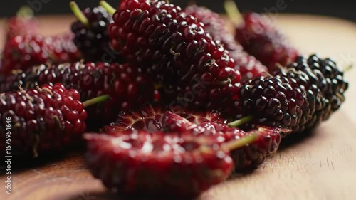 Vibrant Mulberries, Pile Displaying Rich Colors And Texture On Wooden Board