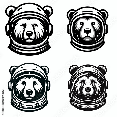 Bear head with astronaut helmet. Galaxy Cosmos Universe Nebula Cosmic Clipart Line Art Vector Illustration. Grizzly cranium wearing spaceman dome fauna in headgear cartoon mascot.