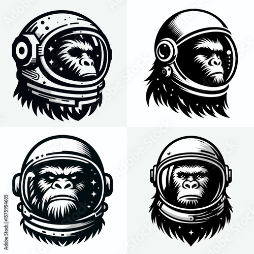 Bigfoot head with astronaut helmet. Galaxy Cosmos Universe Nebula Cosmic Clipart Line Art Vector Illustration. Hairy hominid face wearing traveler dome cryptid gear.