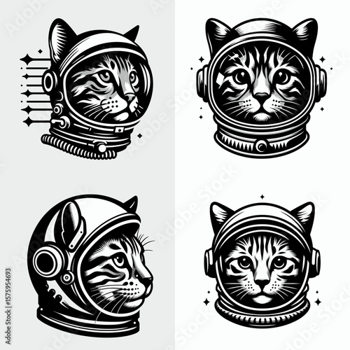 Bengal Cat head with astronaut helmet. Galaxy Cosmos Universe Nebula Cosmic Clipart Line Art Vector Illustration. Feline face sporting spaceman gear kitty helmet domestic animal.