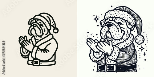 Bulldog wear santa Claus Costumes Clapping Hands. Astronaut Galaxy Cosmos Universe Nebula Cosmic Clipart Line Art Vector Illustration. Canine in outfit applauding holiday pet attire.