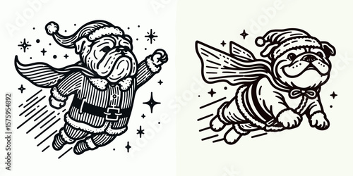 Bulldog wear santa Claus Costumes Flying with a Cape. Astronaut Galaxy Cosmos Universe Nebula Cosmic Clipart Line Art Vector Illustration. Canine apparel holiday dressup soaring cloak.