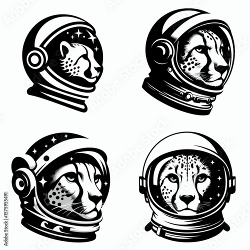 Cheetah head with astronaut helmet. Galaxy Cosmos Universe Nebula Cosmic Clipart Line Art Vector Illustration. Feline visage in gear space helmet on wildcat face exploring the unknown.