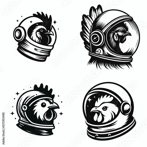 Chicken head with astronaut helmet. Galaxy Cosmos Universe Nebula Cosmic Clipart Line Art Vector Illustration. Fowl cranium wearing cosmonaut gear a bizarre avian space explorer.
