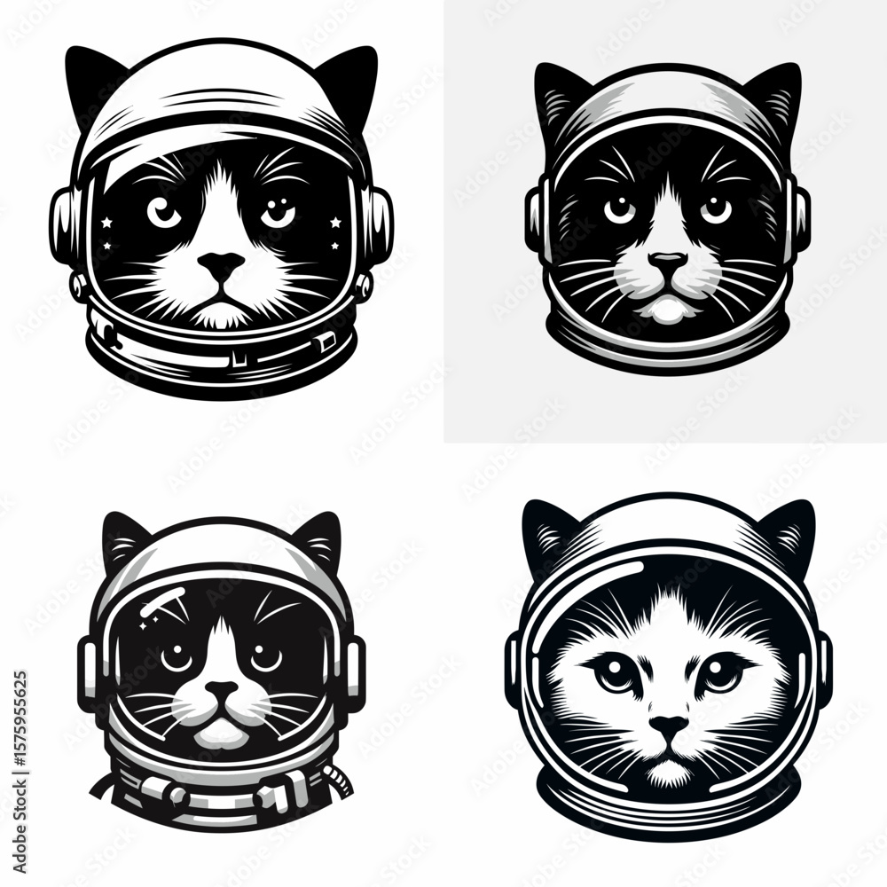 Fototapeta premium Domestic Shorthair Cat head with astronaut helmet. Galaxy Cosmos Universe Nebula Cosmic Clipart Line Art Vector Illustration. Short hair feline face space gear a kitty in explorer headwear.