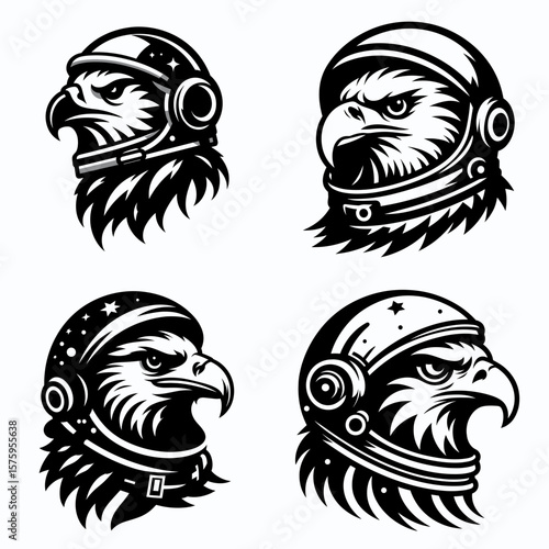 Eagle head with astronaut helmet. Galaxy Cosmos Universe Nebula Cosmic Clipart Line Art Vector Illustration. Bird cranium wearing space explorer dome exploration concept.