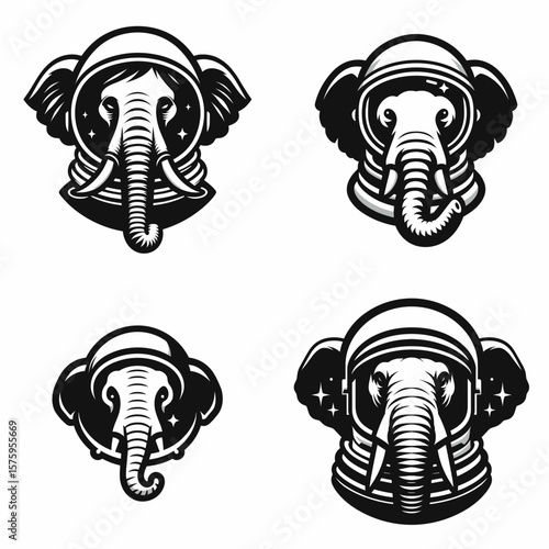 Elephant head with astronaut helmet. Galaxy Cosmos Universe Nebula Cosmic Clipart Line Art Vector Illustration. Jumbo cranium wearing spaceman headgear a animal portrait.