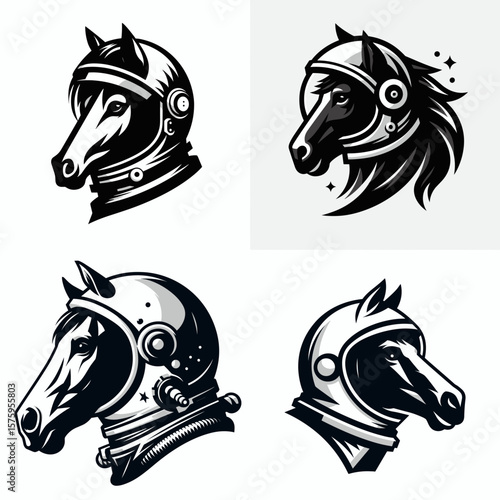 Horse head with astronaut helmet. Galaxy Cosmos Universe Nebula Cosmic Clipart Line Art Vector Illustration. Equine cranium wearing space traveler headgear adventure concept.