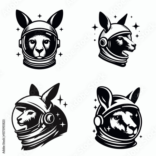 Kangaroo head with astronaut helmet. Galaxy Cosmos Universe Nebula Cosmic Clipart Line Art Vector Illustration. Marsupial cranium wearing spaceman cover exploration concept.