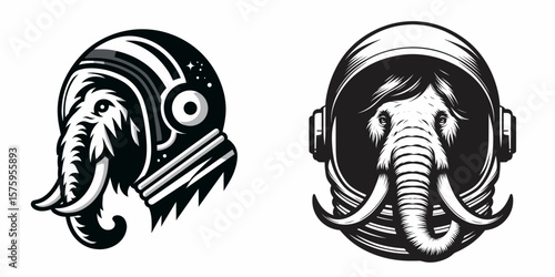 Mammoth head with astronaut helmet. Galaxy Cosmos Universe Nebula Cosmic Clipart Line Art Vector Illustration. Hairy elephant cranium in space explorer headgear unique concept idea.