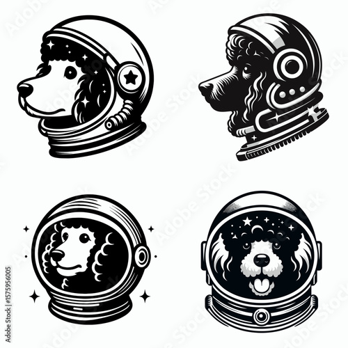 Poodle Dog head with astronaut helmet. Galaxy Cosmos Universe Nebula Cosmic Clipart Line Art Vector Illustration. Canine hairdo space headwear pooch in orbit concept.
