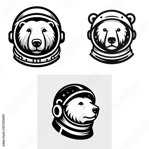 Polar Bear head with astronaut helmet. Galaxy Cosmos Universe Nebula Cosmic Clipart Line Art Vector Illustration. Arctic mammal visage in area explorer protection outer space theme.