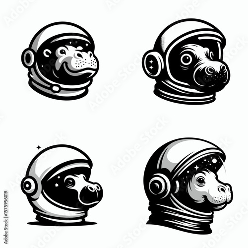 Pygmy hippo head with astronaut helmet. Galaxy Cosmos Universe Nebula Cosmic Clipart Line Art Vector Illustration. Miniature face wearing space explorer headgear wildlife in theme.