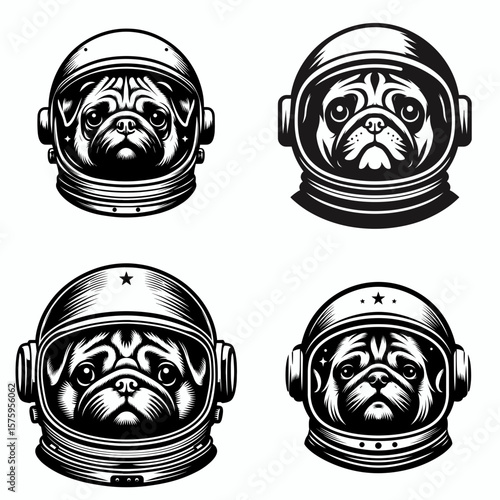 Pug Dog head with astronaut helmet. Galaxy Cosmos Universe Nebula Cosmic Clipart Line Art Vector Illustration. Canine cosmonaut cranium wrinkly hound space explorer headgear.