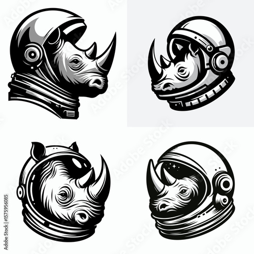 Rhino head with astronaut helmet. Galaxy Cosmos Universe Nebula Cosmic Clipart Line Art Vector Illustration. Big mammal cranium in spacesuit headgear sci-fi concept.
