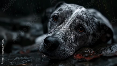 sad grey dog in the rain.
