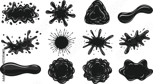 Liquid wavy shapes set, splashes collection with uneven fluid wavy edge. Paint spot, blot, rain puddle, stain with drops, blobs. Water graphic design elements, black text backgrounds.