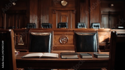 Empty courtroom with wooden paneling, leather chairs, open law books, and a brass scale of justice on the judge