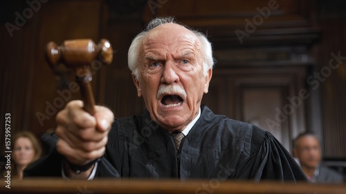 An angry judge in a courtroom raises a gavel, ready to strike, expressing authority and seriousness during legal proceedings.