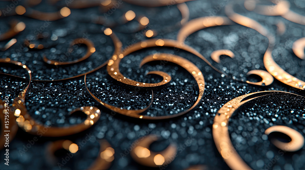 Fototapeta premium Sparkling black glitter surface with intricate filigree patterns