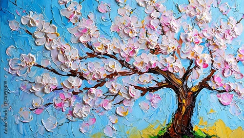 Oil Painting Depicting Springtime Cherry Blossoms in Full Bloom, Textured Impressionist Floral Tree Painting on Canvas with Palette Knife Technique
