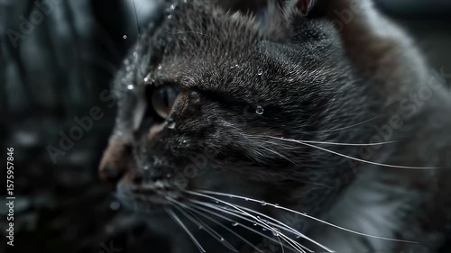 grey cat in the rain