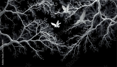 Elegant monochrome art showing three soaring doves among intricate silver branches against a dark backdrop, evoking peace and serenity.