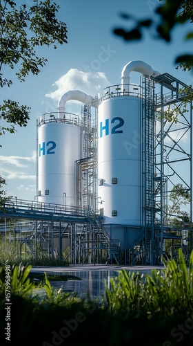 Hydrogen storage facility surrounded by greenery under a clear blue sky