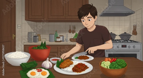 Young person preparing a meal in a kitchen.  Food on table