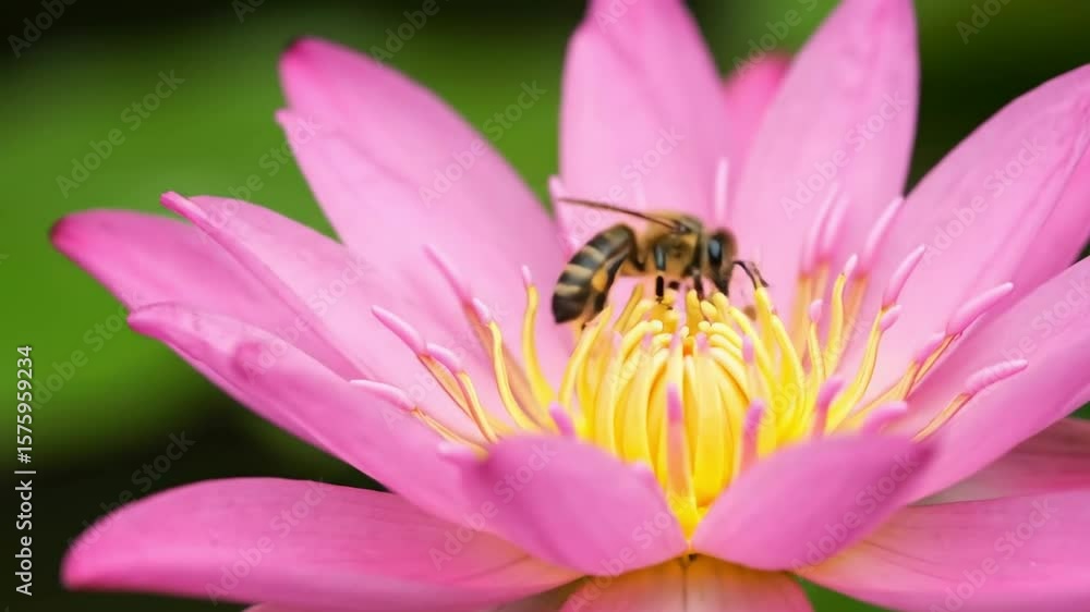 Bee on a vibrant pink lotus flower with a vivid yellow center set against a blurred green backdrop Bee on a vibrant pink lotus flower with a vivid yellow center set against a blurred green backdrop