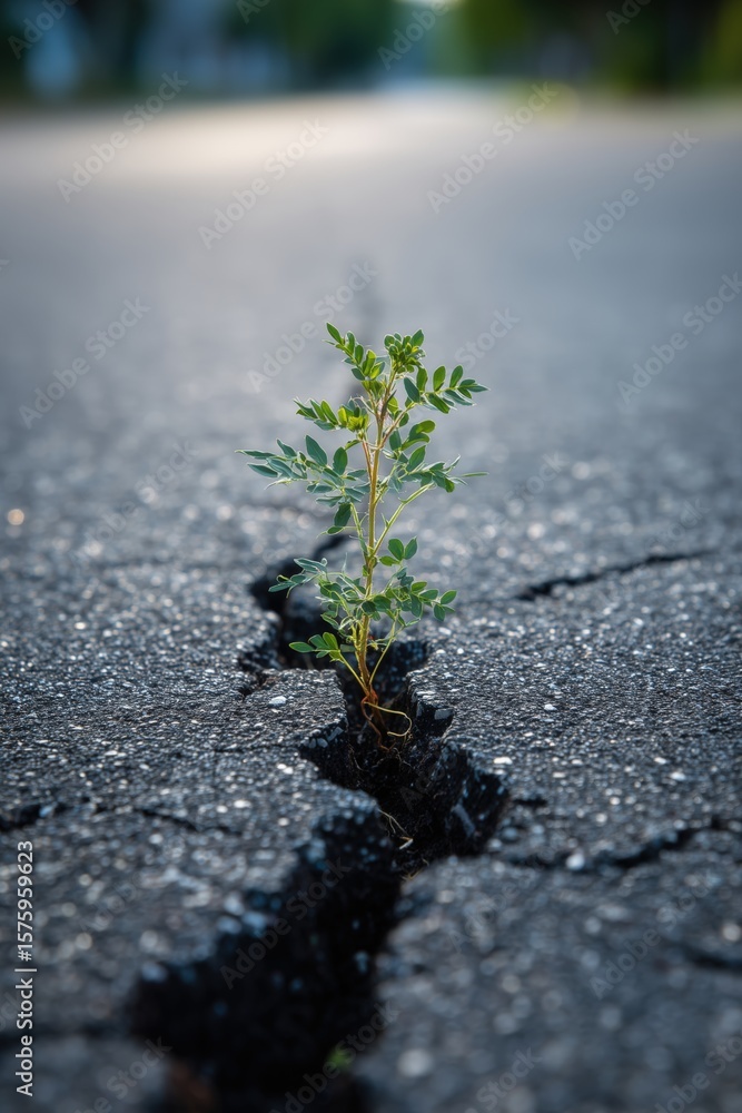 Fototapeta premium Small green plant growing through crack in asphalt, symbol of resilience, hope, and nature overcoming urban obstacles