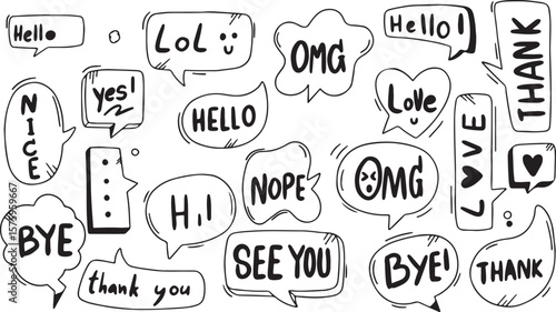 Funny Text Bubble Doodles – Chat Expression, Emojis, Cartoon Speech, Comic Style, Black and White, Pop Talk, LOL, OMG, NOPE