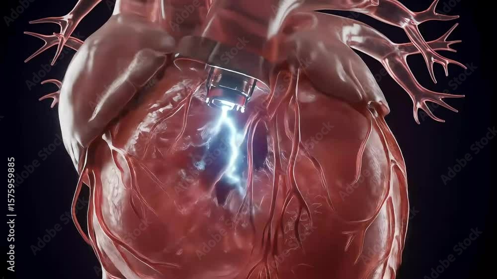 Virtual Heart Simulation 3D model of a human heart with implanted device and electrical ...