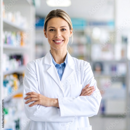 Portrait of confident young female pharmacist. Beautiful woman is standing arms crossed. Professional is in drug store. She is wearing lab coat.