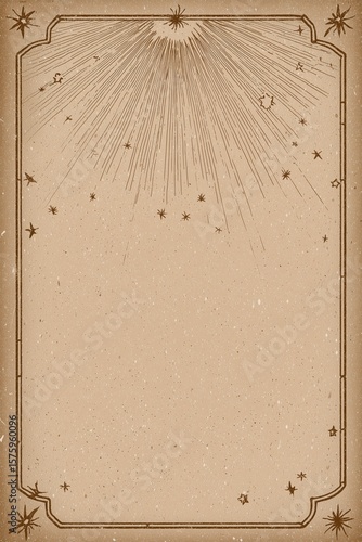 Vintage celestial background with starburst rays and ornate frame on aged paper texture, mystical decorative design for cards or posters