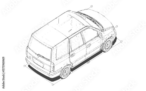 grunge  vector drawing of a sports car sketch from different classic station wagon. Different five view shot