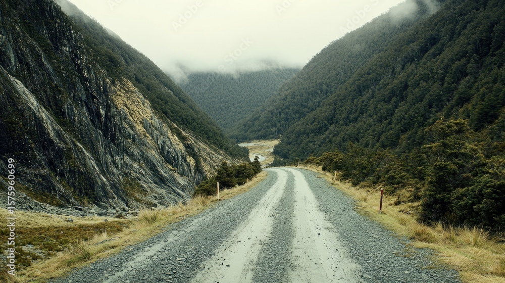 Naklejka premium Winding gravel road through a mountainous valley.